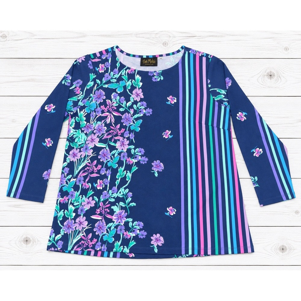 Bob Mackie Wearable Art Floral Stripe Knit Tunic Top Colorful Boho Spring Medium